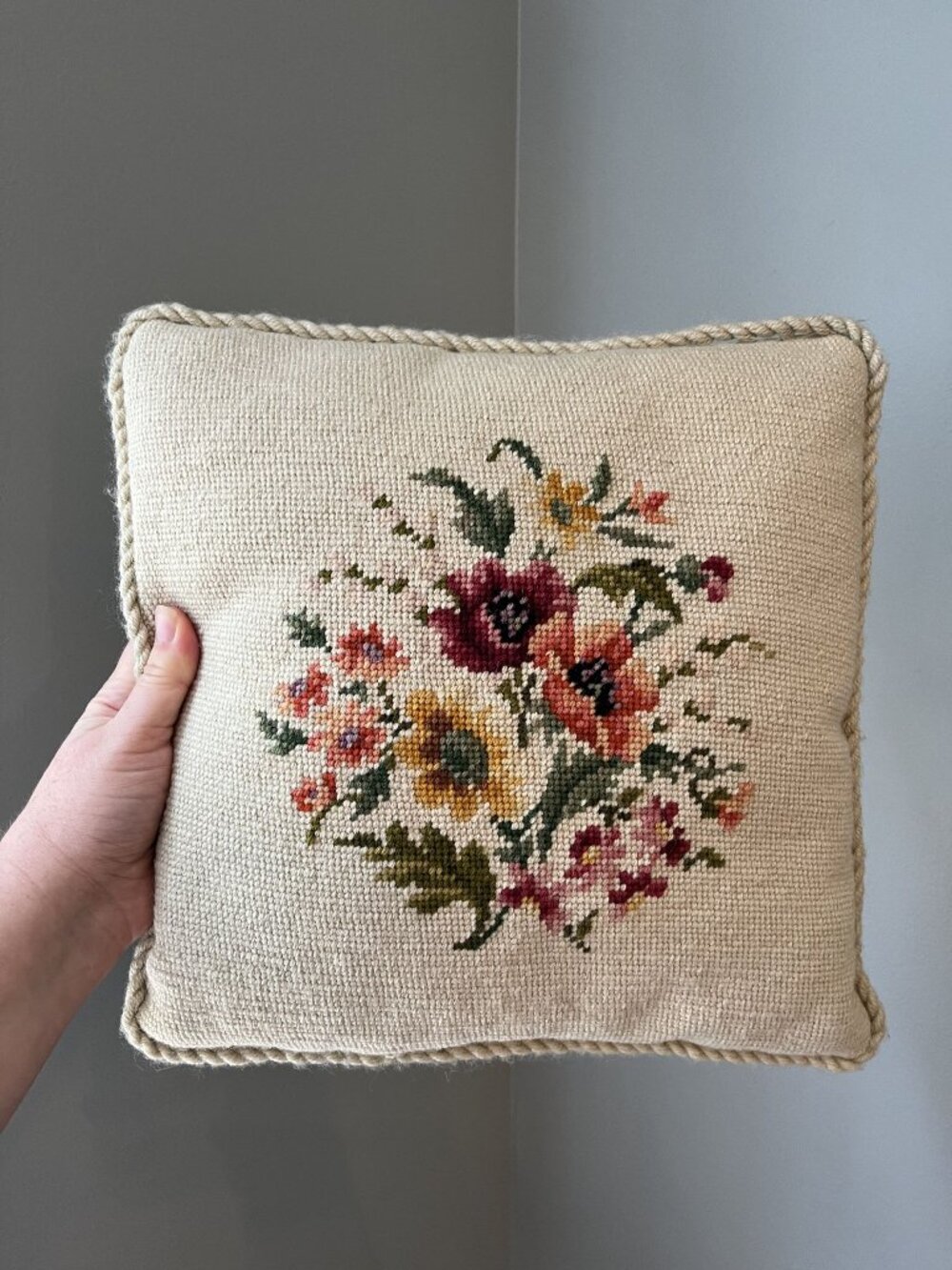 Vintage Floral Needlepoint Throw Pillow With Rope Trim & Green Velvet 12"
